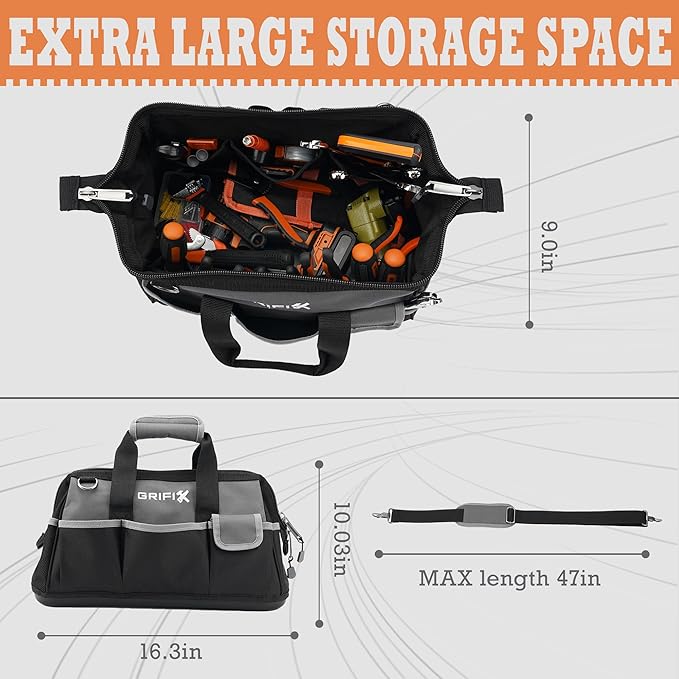 16-inch Tool Bag, Portable Tool Box Organizer Storage, Wide Mouth Tool Tote Bag with Large Zipper, 17-Pocket Adjustable Shoulder Strap and Ergonomic Handle (16" Molded Base)