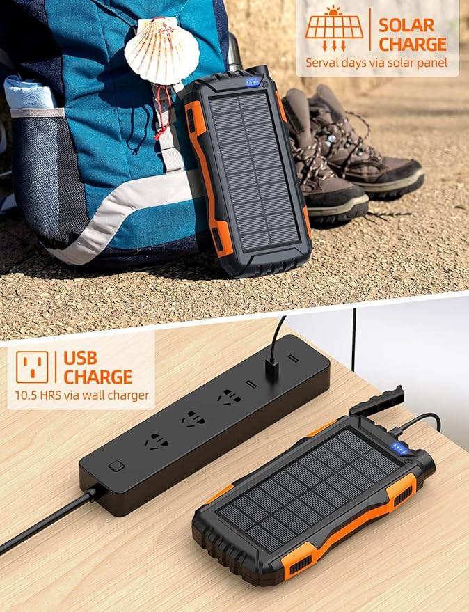 Power-Bank-Solar-Charger - 42800mAh Portable Charger,Solar Power Bank,External Battery Pack 5V3.1A Qc 3.0 Fast Charger Built-in Super Bright Flashlight (Orange)