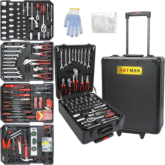RYH 899pcs All-in-One Professional Tool Set & Rolling Tool Box Set - 4 Drawer Organizer Storage Case - Complete Home, Auto, Mechanic Tool Kit for DIY, Homeowner, Handyman Tool Set (Black)