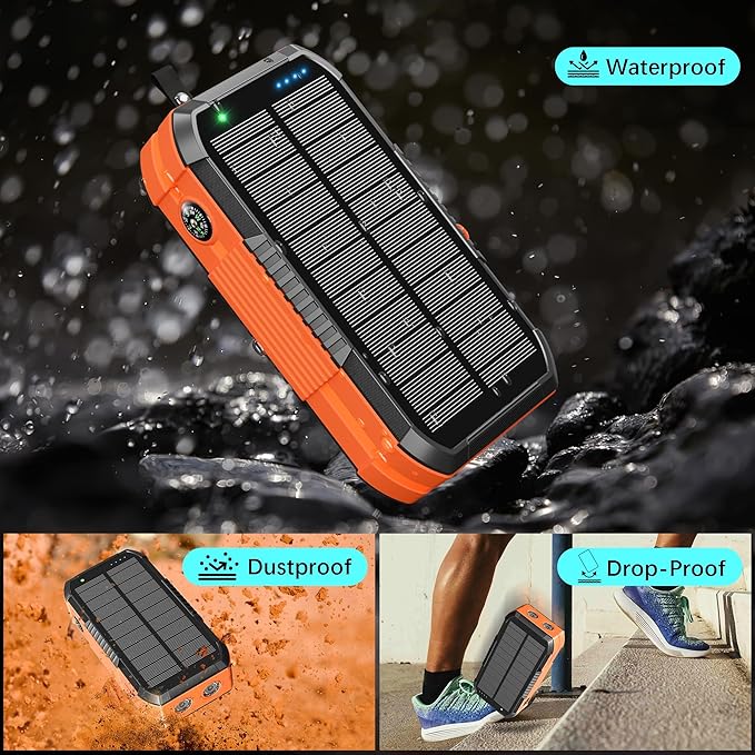 Solar Charger Wireless Power Bank 73200mAh Built in 2 Cables and Hand Crank, Portable Charger 22.5W Fast Charger 6 Outputs & 4 Inputs External Battery Pack with Bright Flashlight and Compass