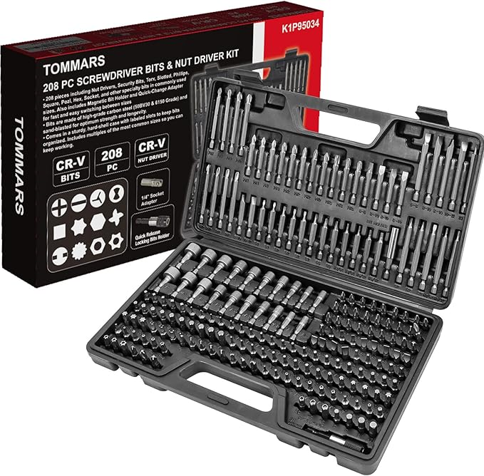 TOMMARS 208-Pc Master Screwdriver Bit Set, 1/4" Hex Shank Screwdriver Bits, Nut Driver and Security Bit Set
