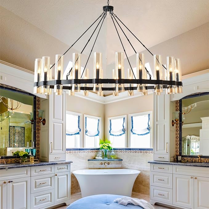 60 Inch Black Wagon Wheel Chandelier, 24 Lights, with Brown Glass Shade, Large Hanging High Ceilings Chandeliers for Dining Room Kitchen Foyer Entryway Living Room