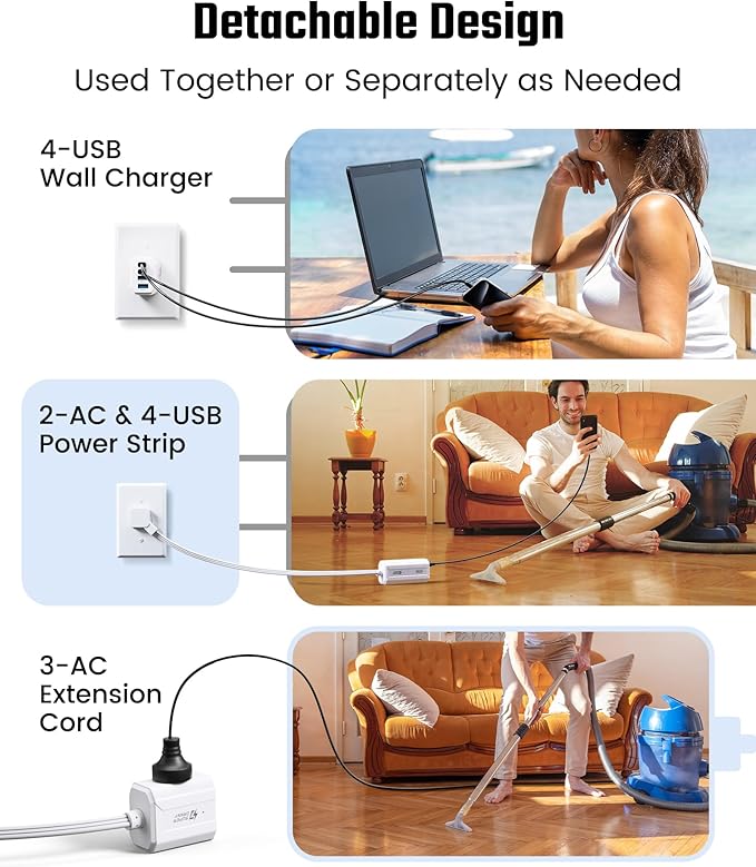 SUPERDANNY Detachable Travel Power Strip,45W USB Fast Charge,2 USB-C & 2 USB-A with 3 Outlets Flat Plug Extension Cord 5ft,Portable Charger for Travel Essentials for Travel Cruise Home, White