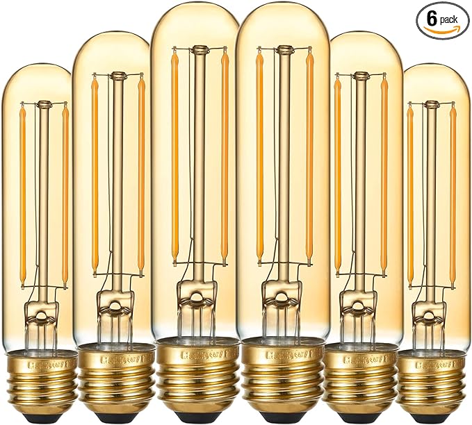 LiteHistory Dimmable T10 LED Bulb 4W Equal E26 Edison Bulb 40 Watt AC120V Tubular Light Bulb Warm White 2200K Amber 250lm E26 LED Bulb for Rustic Pendant,Chandeliers,Wall sconces E26 Light Bulbs 6Pack