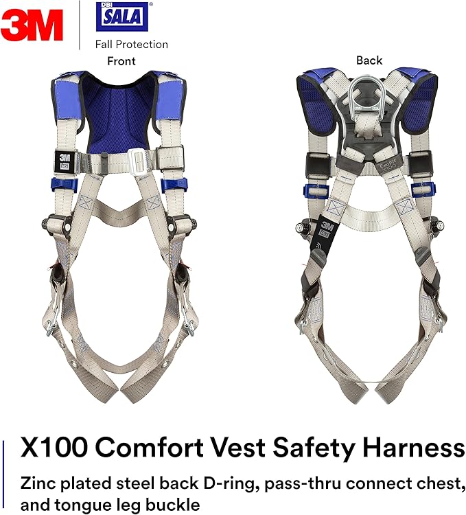 3M DBI-SALA ExoFit X100 Comfort Vest Safety Harness Fall Protection, OSHA, ANSI, General Purpose, 1 D-Ring, Tongue Buckle Leg Strap, Pass-through Chest Buckle, Zinc Plated Steel, 1401001, Medium