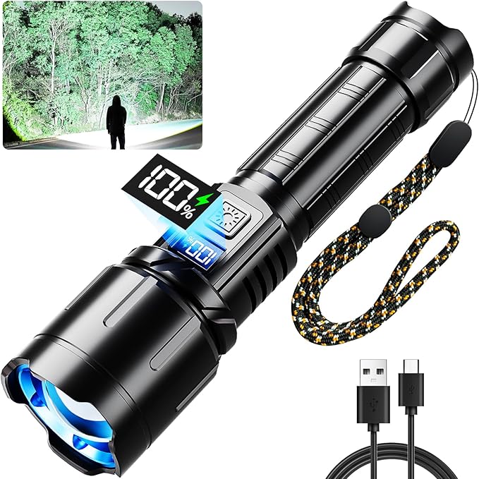 Rechargeable Flashlight 3000 High Lumens, LED Super Bright Flash Light, Tactical Flashlights with LCD Power Display, 6 Modes, Waterproof, Brightest Flashlight for Emergencies Camping