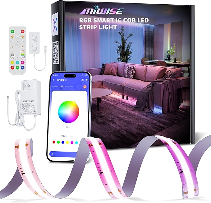 MIWISE RGB Smart COB LED Strip Light,Color Chasing Music Sync Smart IC LED Strip Lights,WS2811 Addressable Multiple Colors LED Tape Lighting Work with Alexa/Google,for Bedroom DIY Lighting Projects