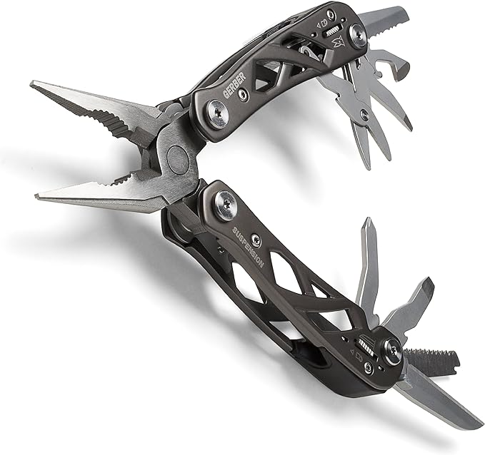 Gerber Gear Suspension 12-in-1 EDC Multi-Plier Multitool with Pocket Knife, Needle Nose Pliers, Wire Cutters and More, Gifts for Men, Camping and Survival, Grey