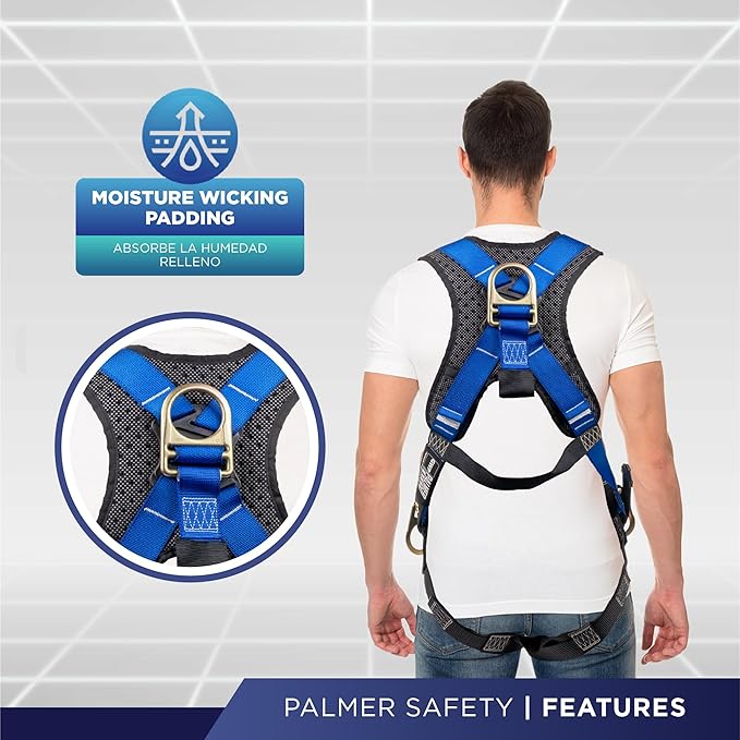 Palmer Safety Full Body Harness with 5 Point Adjustment, Dorsal D-ring, Grommet Legs, Two Side D Rings, and Fall Indicators