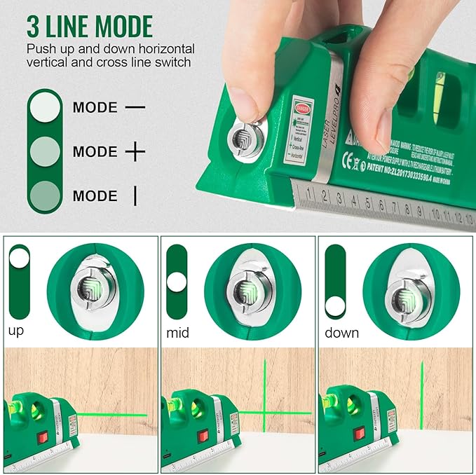 Level Tool Laser Level Leveler tool Cross Line Vertical and Horizontal Line with USB Rechargeable for Picture Hanging cabinets Tile Walls by AikTryee.