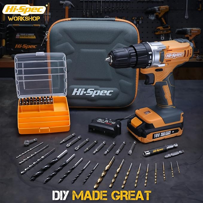 Hi-Spec 58pc 18V Electric Cordless Power Drill Driver. Includes Rechargeable Battery, Power Screwdriver Bits, Wood, Metal, and Masonry Drill Bit Set Accessories. In a Compact Case