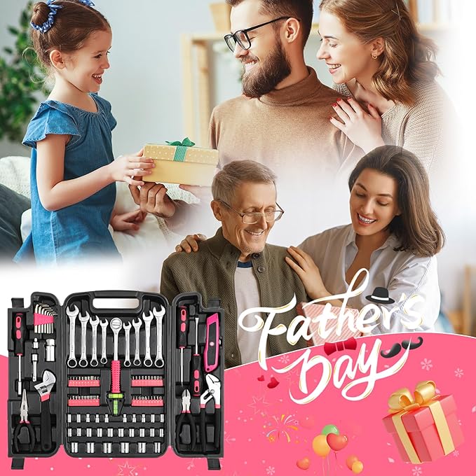 TLGREEN 95 Piece Tool Set, Tool Kit, Mechanics Tool Set, Portable Toolbox with Adjustable Wrench Pliers Socket Bits, with Plastic Toolbox Storage Case, for House Apartment Garage (Pink)