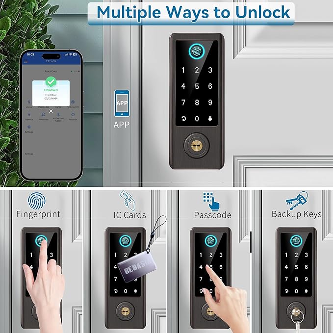 BEBASIA Smart Fingerprint Door Lock with Handle Set, Full App Control, Electronic Digital Touchscreen Keypad, Deadbolt Smart Locks for Front Door, Auto Lock, Aged Bronze