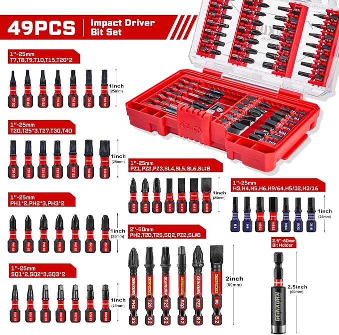 49Pieces Impact Screwdriver Bits Set, Magnetic S2 Steel Phillips/Slotted/Square/Torx Insert Power Bits Tips, Impact Bit Holder with Red Storage Box Case