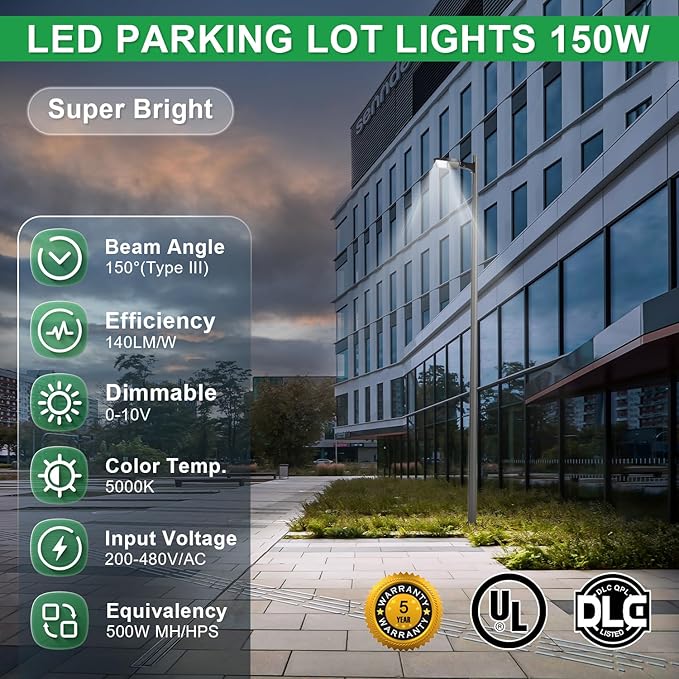 480V 150W LED Parking Lot Light, 5000K 21000LM LED Shoebox Area Light (500W HID/HPS Equiv.) with Direct Arm Mount, Dimmable Commercial Street Lighting with 20KV Surge Protection, UL DLC Listed