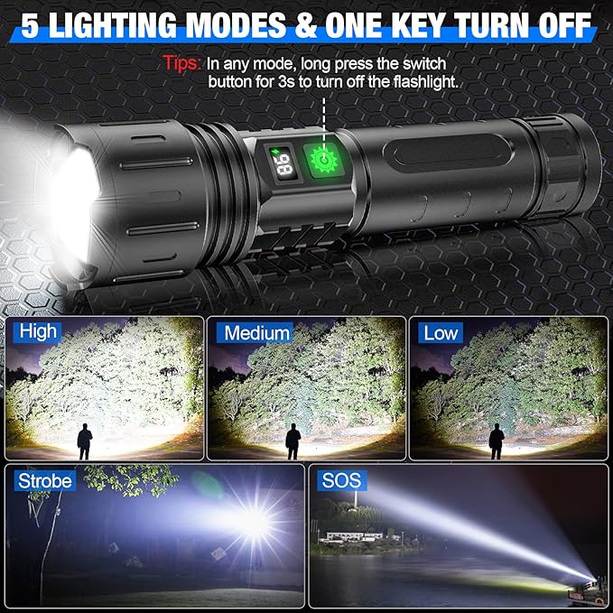 Flashlights High Lumens Rechargeable, Super Bright LED Powerful Flashlight, Type-C, 5 Modes, Zoomable, IPX5 Waterproof High Powered Tactical Flash Light for Camping (Multi-Colored)