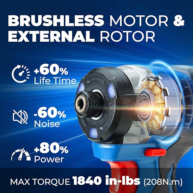 Dong Cheng 20V Brushless Impact Driver, 1840in-lbs Torque, Self-tapping Mode, 3200RPM, 4300IPM, 1/4" Hex Chuck, 3 Speed Modes, with 2 * 2.0Ah Batteries