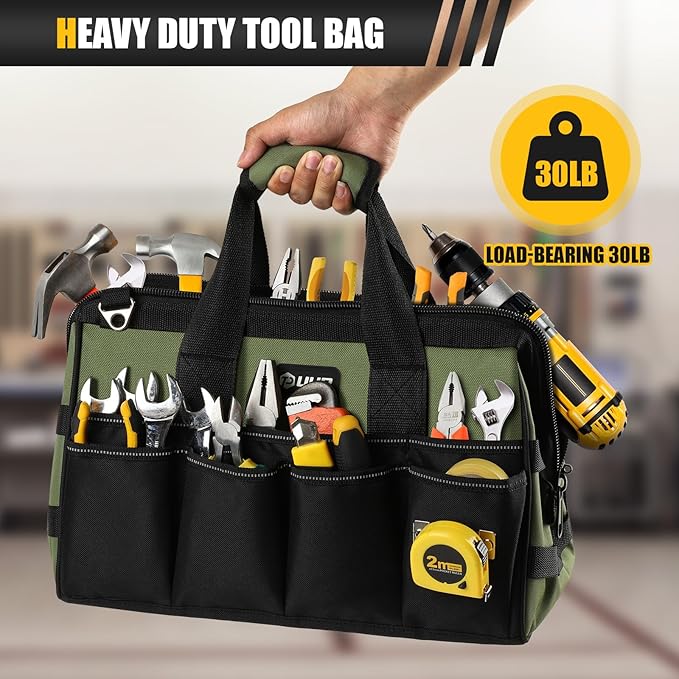 Heavy Duty Tool Bag 15-Inch, 16-Pocket Portable Empty Tool Box Organizer Storage, Toolbox Organization, Soft Handle Large Zipper Carrying Toolbag, Father Day Dad Men Mechanic Welding Birthday Gift