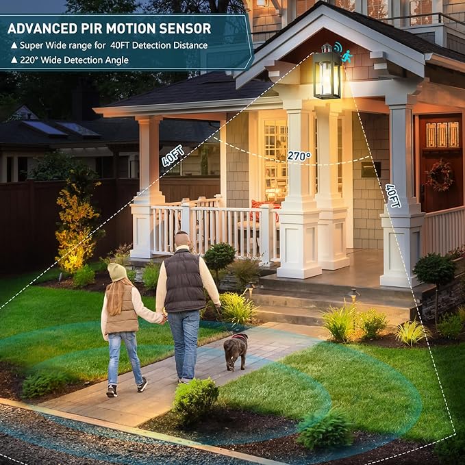 Motion Sensor Outdoor Wall Lanterns 2 Packs, Dusk to Dawn Exterior Light Fixture, 3 Lighting Modes, Waterproof Front Porch Lights for Garage Patio Garden House Entryway, Black.