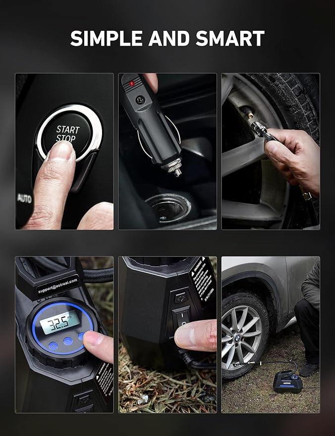 AstroAI Tire Inflator Portable Air Compressor Air Pump for Car Tires-Car Accessories, 9.8Ft Cord-12V DC-Powered Auto Pump with Digital Pressure Gauge, Emergency LED Light for Bicycle, Balloons, Blue