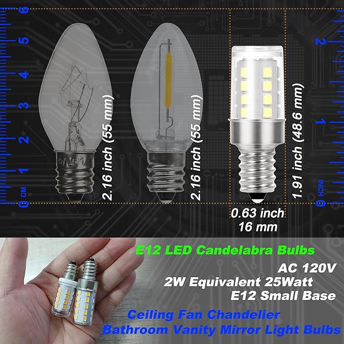 25 Watt Equivalent LED Decorative Candelabra Bulbs Daylight White 6000K 2 Watt 300lm E12 Small Base Idear for Ceiling Fan Chandelier Bathroom Vanity Mirror Light Dryer Drum Bulbs, Non-Dimmable, 4 Pack