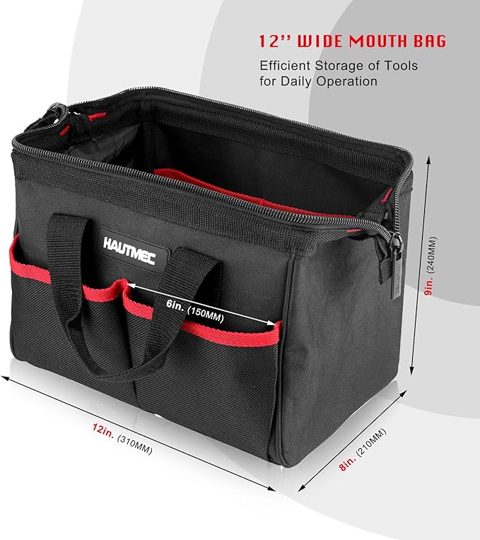 HAUTMEC 12 Inch Tool Bag, 1680D Oxford Fabric Wide Mouth Tool Organizer with Double Zipper, Compact Utility Tote with Non-Slip Base & Multiple Pockets, Small Tool Storage – HT0286