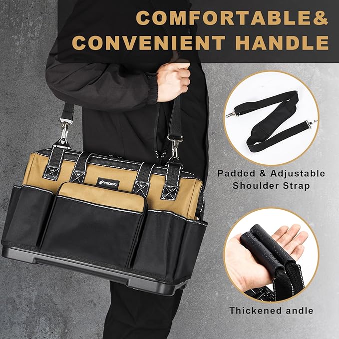 17 IN Large Tool Bag For Men Heavy Duty, Drill Bag Tool Bag Organizer, Wide Mouth Waterproof Hard Bottom Multiple Pockets Tool Tote, Tool Caddy, Maintenance