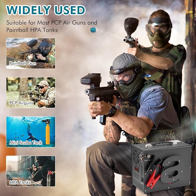 PCP Air Compressor with Manual Shut Down, 4500Psi/30Mpa, Water/Oil-Free, Powered by 12V DC/120V AC, Fan Cooling System, PCP Compressor for Air Rifle, Paintball and Scuba Tank Compressor Pump (Gray)