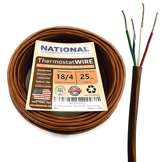 18/4 25Ft. NATIONAL Wire&Cable Thermostat Doorbell HVAC Heating Control Professional Cable Wire - Made in USA - 100% Solid Copper Conductors, CL2 ETL Listed, Low Voltage Applications Use