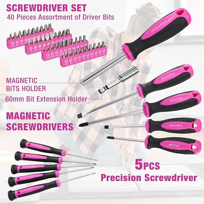 ValueMax Home Tool Kit with Cordless Lithium-ion Drill, 237-Piece Pink Tool Set, Power Tool Set with Wide Mouth Open Storage Bag, Basic Drill Sets Combo Kit for DIY and Daily Repair
