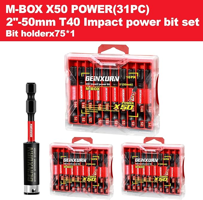 30Pieces 2 In. T40 Impact Tough Magnetic Screwdriver Bit Set, #40 Torx Head Power Bits, S2 Alloy Steel Star Bits with 1Pc Impact Bit Holder and Storage M-Box