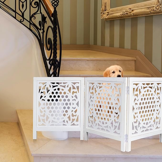 Bedding Craft Wooden Dog Gate 20" Wide x3 Panels,Color White, Total 60 inch Wide, Foldable Free Standing Dog Gate Indoor,Dcorative Gates Doorways, 3 Panels Pet Gate Extra 24" Height