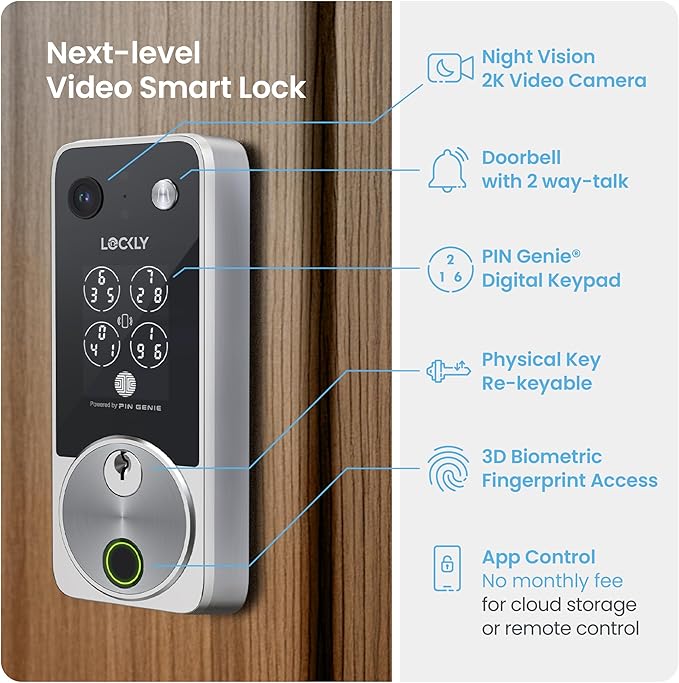 Lockly Vision Zeno Smart Lock with Video Doorbell Camera, Fingerprint Keyless Entry with Apple Home Key, Wi-Fi Deadbolt for Front Door, PIN Genie Keypad, App Remote Control, 2 Rechargeable Batteries