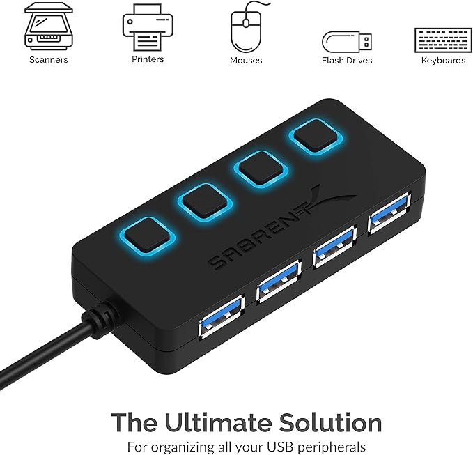 SABRENT 4-Port USB 3.0 Hub with Individual LED Power Switches - Slim, Portable Design - 2 Ft Cable - Fast Data Transfer - Compatible with Mac & PC (HB-UM43)