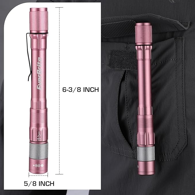 EverBrite Pen Light, Rechargeable Pen Flashlights, 300 Lumens Zoomable LED Small Flashlight with Clip, Memory Function, USB-C Cable Included, Pocket Size for Camping, Emergency, Mechanic, Pink