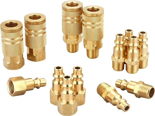 Coupler and Plug Kit (14 Piece), Industrial Type D, 1/4 Inch NPT, Solid Brass Quick Connect Air Fittings Set