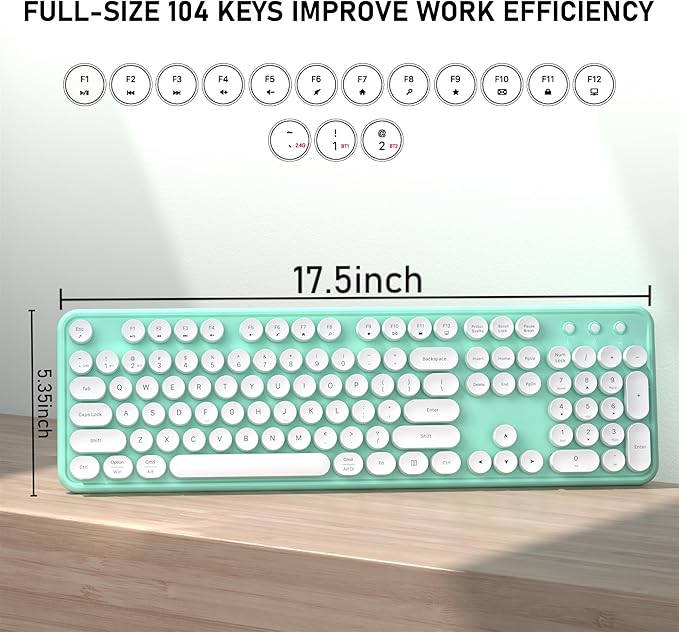 Colorful Wireless Bluetooth Keyboard, 2.4G & Dual Bluetooth Multi-Device, Typewriter Retro Round Keycaps 104 Keys Full-Size for PC Laptop Tablet Phone (White Dark-Green)