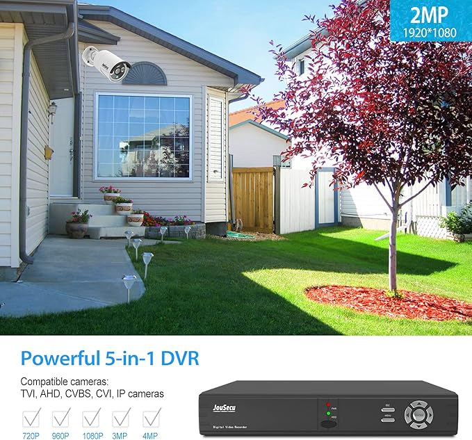 1080P 8CH Wired Home Security Camera System HD 5-in-1 Video DVR Recorder with 4X HD 2MP Weatherproof CCTV Cameras, Motion Alert, Remote Access