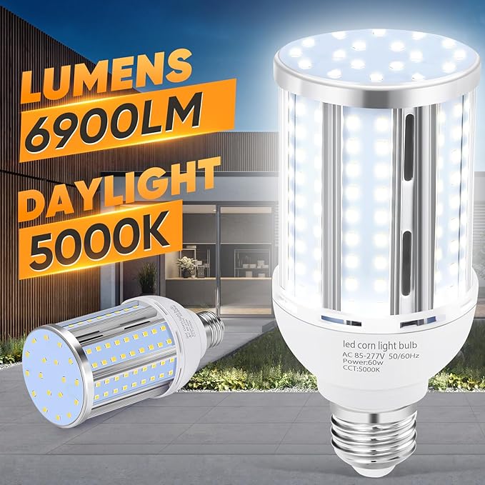 60W LED Corn Light Bulb(6 Pack),(600 Watt Equivalent) Fanless E26/E39 Medium/Large Mogul Base LED Cob Lamp 5000K Daylight 6,900LM for Outdoor Indoor Garage Warehouse Factory Workshop Street Backyard