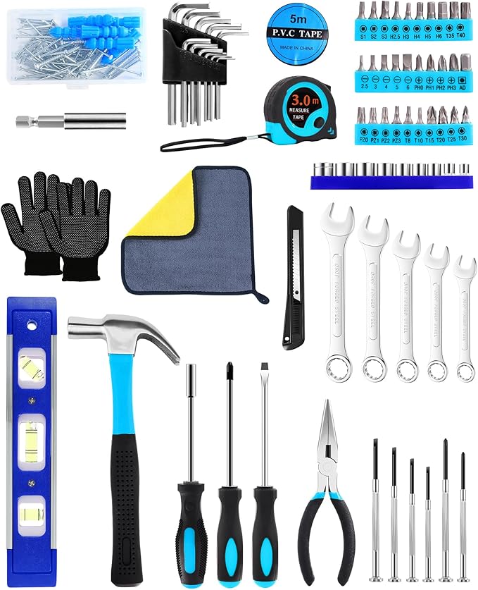 Essential Man's Small Tool Box Kit for House, New Home Toolbox Socket Wrench Set, Mini Men's Car Mechanic Pliers Hammer Toolset, Home Repair Basic Car Body Tool (Tool Kit - Blue)