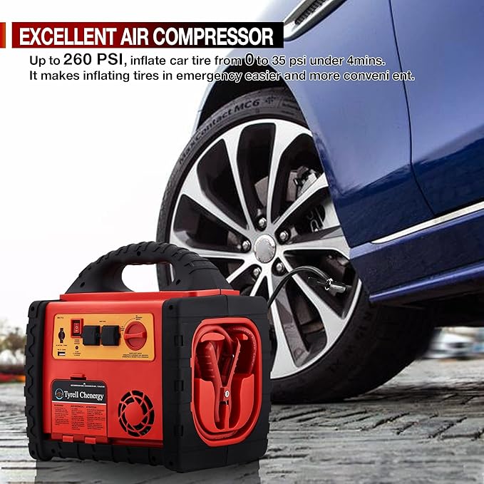 1800 Amp Car Jump Starter with Air Compressor,Portable Power Station with 260 PSI Tire Inflator,400W Power Inverter Dual AC/DC Ports,2.1A USB Port,Battery Clamps