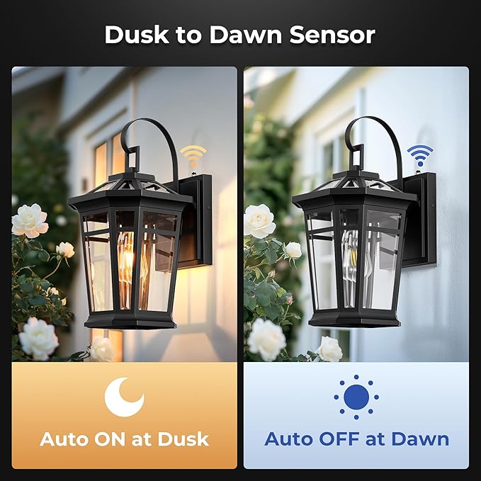 VIANIS Large Outdoor Light Fixture, Black Modern Dusk to Dawn Outside Lighting with Transparent Tempered Glass, Aluminum Waterproof and Anti-Rust Exterior Lighting Fixtures for Porch, Garden, Doorway