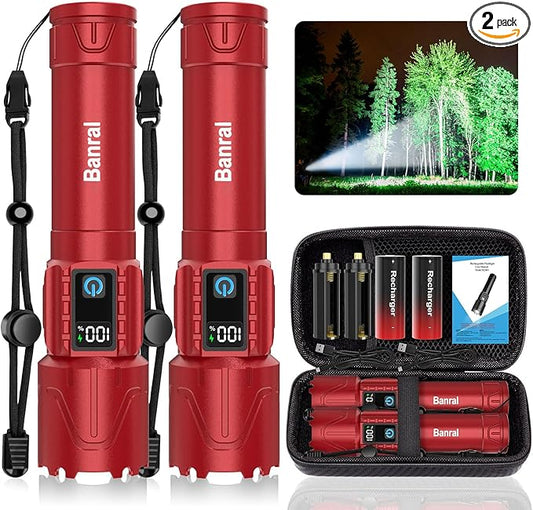 Rechargeable Flashlights High Lumens - Super Bright LED Tactical Flash Light, Powerful Waterproof Handheld USB C Flashlight for Camping,Emergencies,Home,5 Modes,Zoomable (2, Red)