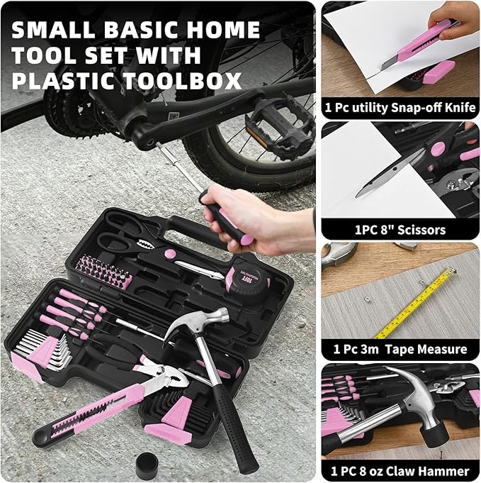 58-Piece Pink Tool Kit Basic Home Repair Tool Set, General Household Hand Tool Kit,Small Tool Kit with Plastic Toolbox Mini Tool kit for Women, Office & College Repairs