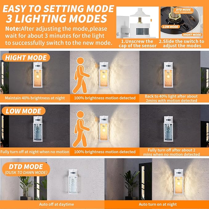 2 Pack White Motion Sensor Outdoor Wall Lights,Updated Dusk to Dawn Outdoor Lighting, Exterior Light Fixtures Wall Mount,Waterproof Porch Light Outside Lights for House