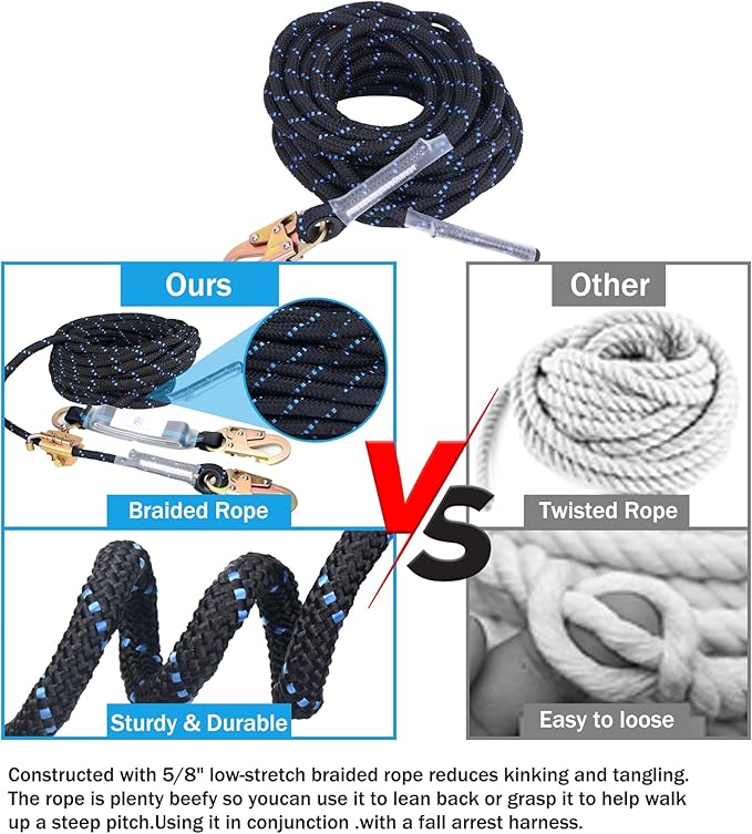 50FT Vertical Lifeline Assembly with Alloy Steel Anti-Panic Rope Grab Snap Hook Shock Absorb Lanyard, Fall Protection Rope Safety Climbing Equipment Roofing Safety Kit, CE ANSI OSHA Rated