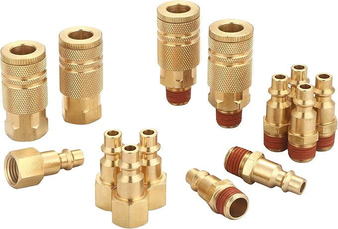 Coupler and Plug Kit (14 Piece), Industrial Type D, 1/4 Inch NPT, Solid Brass Quick Connect Air Hose Fittings Set, with Sealant