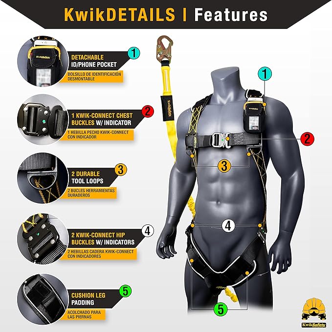 KwikSafety - SCORPION Safety Harness [w/Attached 6ft Lanyard] Safety Harness Fall Protection Kit ANSI OSHA