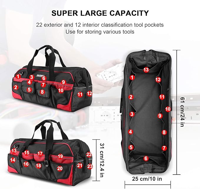 HAUTMEC 24 Inch Large Tool Bag, Heavy Duty 1680D Wide Mouth Tool Box Organizer, 36-Pockets Portable Utility Bag for Men with Level Holder and Removable Shoulder Strap, HT0284-TB