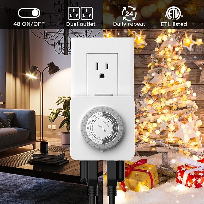 G-Homa Timer Outlet Electric Indoor with 2 Grounded Outlet,Plug-in 24-Hour Mechanical Timers,Daily On/Off Cycle,Energy Saving for Lamps, Seasonal, Christmas Lights and Holiday Decorations (2 Pack)